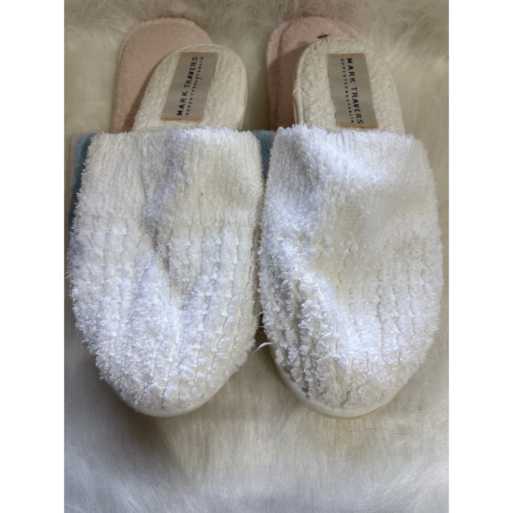 Mark Traver's Pink Blue White Striped Terry Cloth Slide Slippers Small USA Made - Picture 3 of 6